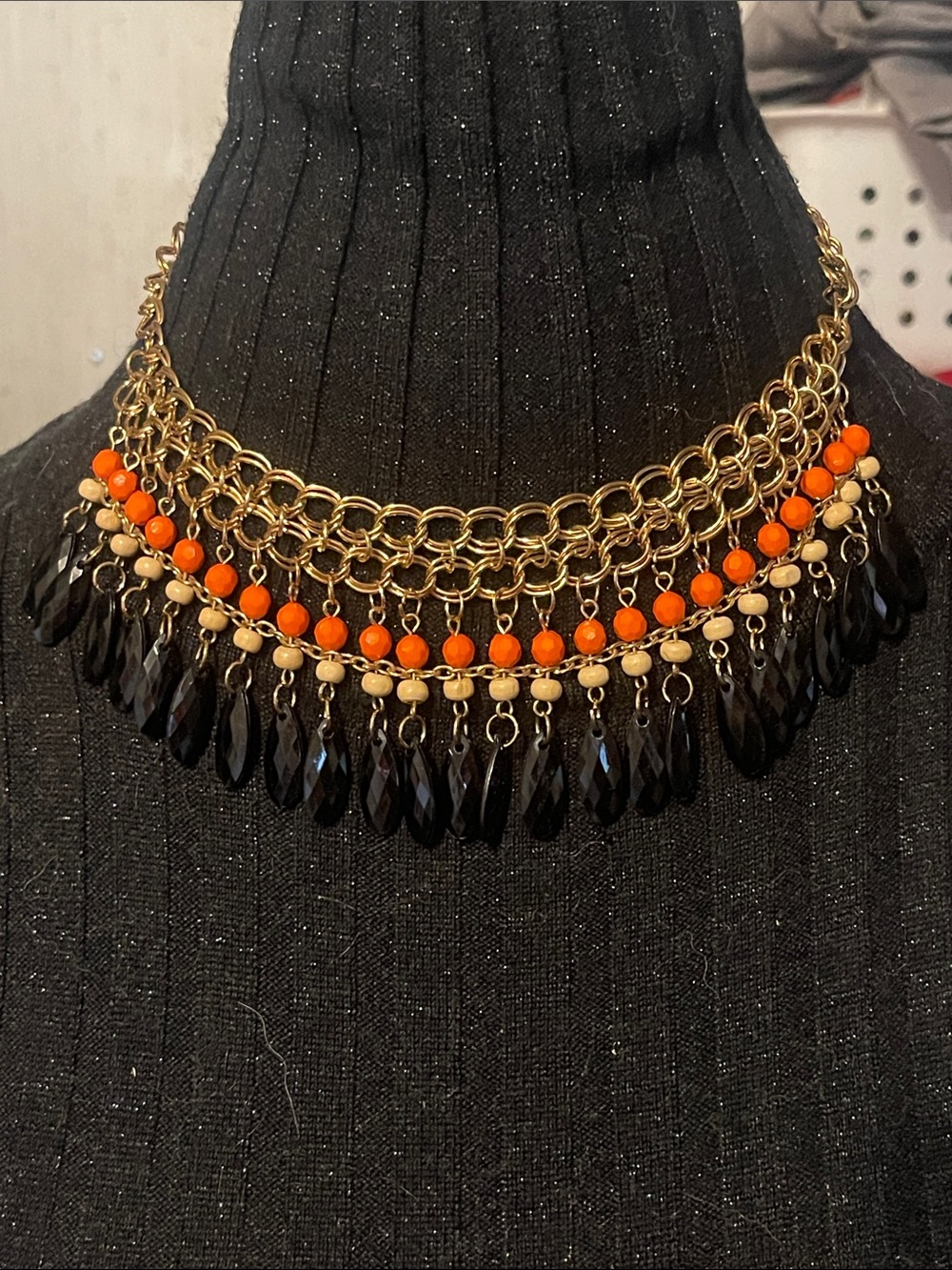 Gold Chain Fringe Collar Necklace with Orange and Black Beads halloween